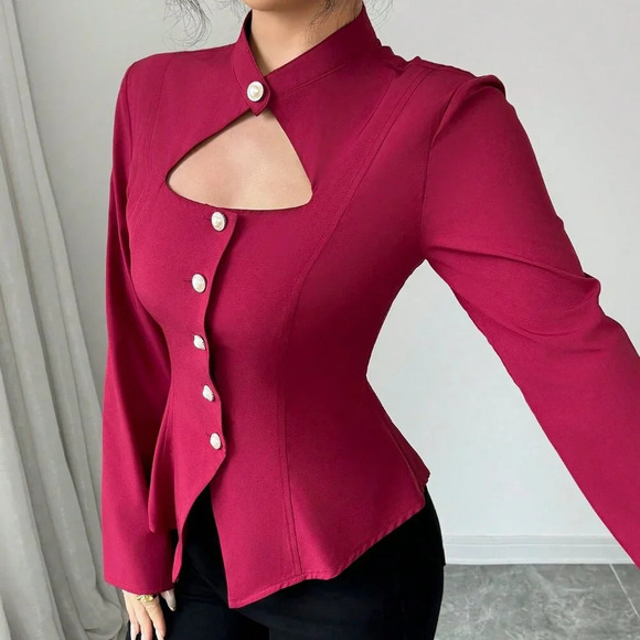 Burgundy Elegant Women's Chic Hollow Out Front Stand Collar Asymmetrical Blouse - Picture 4 of 6